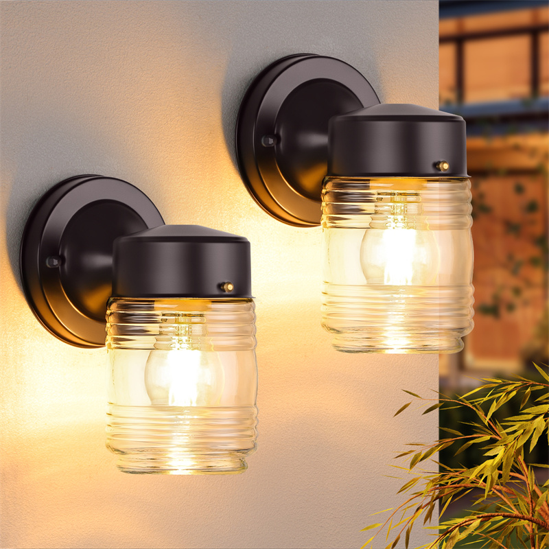 MATAMEYE Jelly Jar Outdoor Wall Lantern, Dark Chocolate Exterior Waterproof Wall Mount Lighting Fixture, Anti-Rust Front Door Wall Sconce with Clear Ribbed Glass Shade, E26 Socket Wall Lamp, 2 Pack
